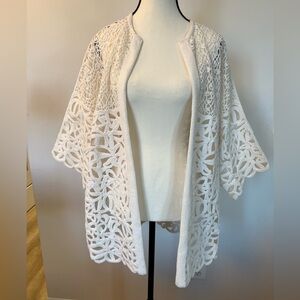 Per Se Carlisle White Lace Open Front Jacket Cardigan Elegant Floral Lace Size S